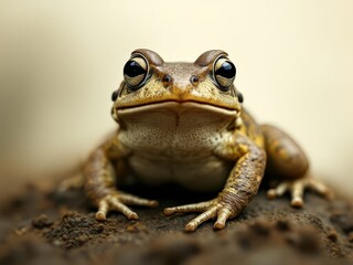 Fototapeta premium Charming vintage frog photo, brown and white against a yellow backdrop.