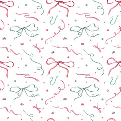 Dusty pink and green satin bows, ribbons, pearl beads watercolor seamless pattern. Decorative accessories illustration for birthday, Mother day, Christmas package, textile, wrapping paper