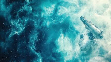 Astronaut with telescope exploring nebula.