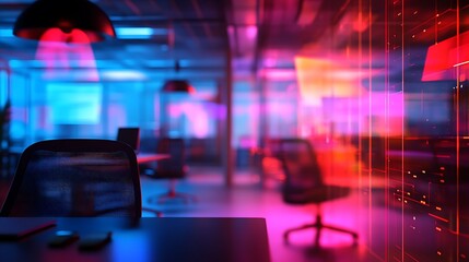Naklejka premium Vibrant modern office at night, illuminated in pink and blue hues.