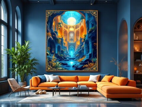 Elevated view of a stylish living space, featuring a graphic print.