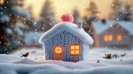 Small toy house middle snowy landscape is made Proper insulation during