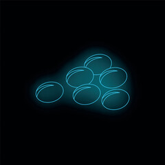 Blue neon icon of pills lying on a black background representing a medical concept