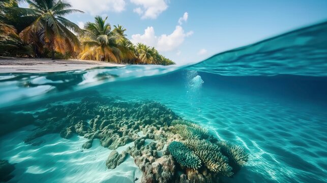 Tropical beach scene with palm trees and clear blue ocean water, displaying an underwater view of coral reefs and sandy seabed. - Powered by Adobe