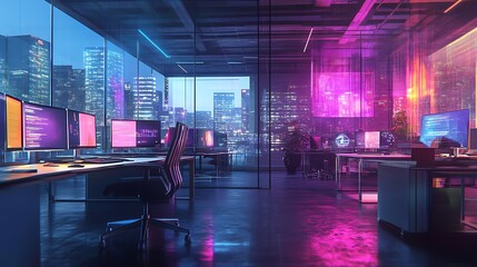 Futuristic office at night with city skyline view. Neon lights illuminate programmers' workstations.