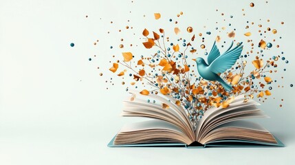 An imaginative scene featuring an open book surrounded by colorful splashes and a delicate bird, symbolizing creativity and inspiration.