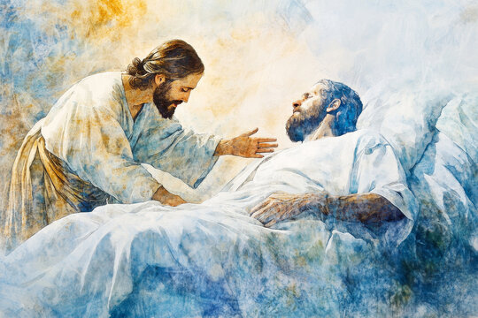 Jesus healing a paralyzed man, his hand reaching out to restore him. The watercolor uses soft shades of blue and gold to emphasize grace, healing, and divine intervention.