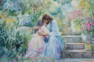 Fototapeta premium A tender watercolor of Jesus comforting a grieving woman in a quiet garden. The scene uses soft blues, pinks, and greens to evoke a sense of comfort, peace, and love.