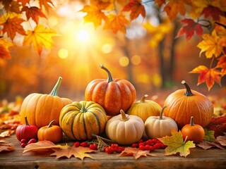 Serene Autumn Ambiance: Vibrant Pumpkins and Colorful Leaves Beneath Sunlight in a Minimalist Setting