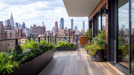 A modern outdoor balcony with warm wooden flooring, leafy planters, and a clear city skyline backdrop, blending nature and urban design