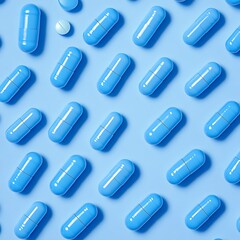 Blue pills on blue background. Top view