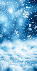 Christmas closeup background with snowflakes in snowfall. Banner, wallpaper and postcard concept.