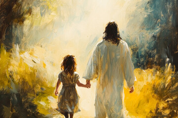 Jesus and a little girl walk side by side, their backs to the viewer, heading toward a divine light. The soft brushstrokes create a sense of serenity, with the light casting gentle shadows on their