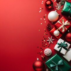  Elegant vertical Christmas scene featuring beautifully wrapped gifts and colorful ornaments on a vibrant red background creating a festive holiday atmosphere 