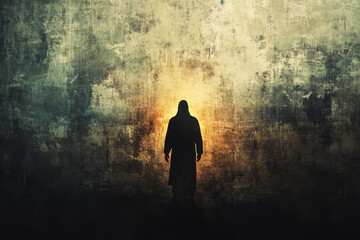 Obraz premium A powerful digital illustration of the silhouette of Jesus Christ standing in front of a distressed grunge wall. The dark tones of the wall contrast with the figure of Christ, symbolizing sacrifice,