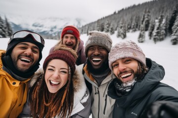 Diverse group portrait of smiling snowboarders on snowy mountain