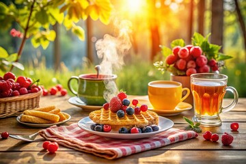 Serene Breakfast Table with Tea, Waffles, Fresh Berries, and Juice Surrounded by Soft Morning Light for a Cozy Dining Experience