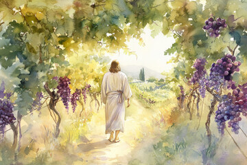 A peaceful scene of Jesus walking through a lush vineyard, with vines and grapes surrounding him. The watercolor blends soft greens, purples, and golden hues to evoke tranquility and divine presence.