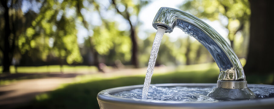Close-up of an outdoor drinking fountain in the park. Improvement, free drinking water