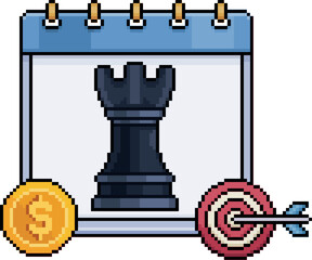 Pixel art of calendar with chess rook, coin and target in 8-bit style on white background
