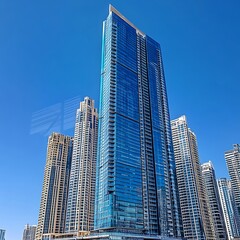 Fototapeta premium Bright Dubai Skyline Reflecting Glass High-Rise Towers