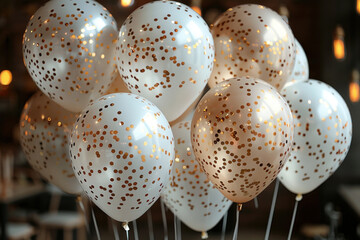 white balloons with gold decorations., 