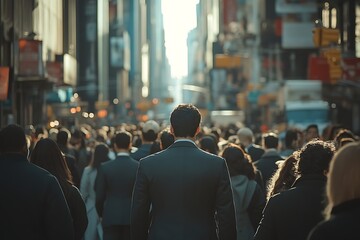 Fototapeta premium Bright Light on Man in Suit Anonymous NYC Commuter Crowd