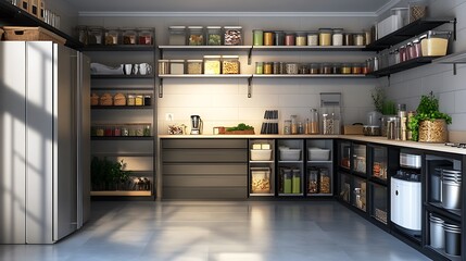 Organized pantry with ample shelving, showcasing a variety of food items in clear containers.