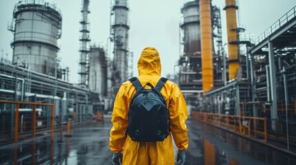 Exploring the Industrial Landscape: A Person in a Yellow Raincoat Amidst Oil Refineries and Pipelines
