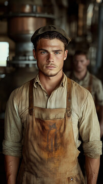 Close-up of a tired, greasy young worker wearing a coppola and a dirty apron.