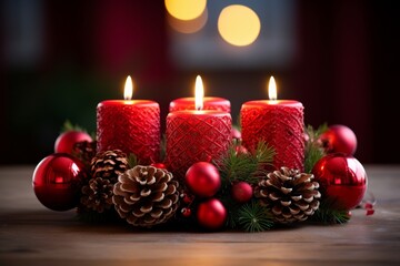 christmas advent wreath with red candles and golden baubles, surrounded by pine decor