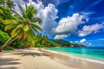 Obraz premium Serene Empty Beach at Baie Lazare, Mahe Island, Seychelles with Crystal Clear Waters and Soft White Sand Under a Bright Blue Sky in the Indian Ocean