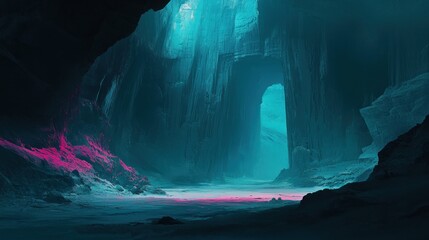 A mystical cavern with glowing blue and pink lights illuminating the rocky surroundings.