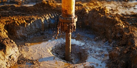Drilling an artesian well in the ground for groundwater extraction, with mud spouting from the tube, ensures a clean water supply through effective drilling techniques and processes.