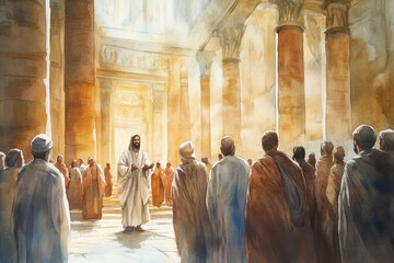 Jesus standing in front of the Temple, speaking to the people with authority and love. The watercolor uses warm earth tones, golden light, and soft blues to create an atmosphere of reverence and