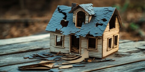 Broken house model displayed on a wooden background, showcasing the intricate details of the broken house model, perfect for projects or artistic representations of architecture.