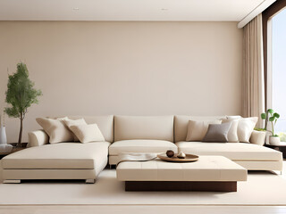 Fototapeta premium This image showcases a modern, minimalist living room with a clean and elegant design. The layout features a large, beige sectional sofa adorned with matching beige cushions