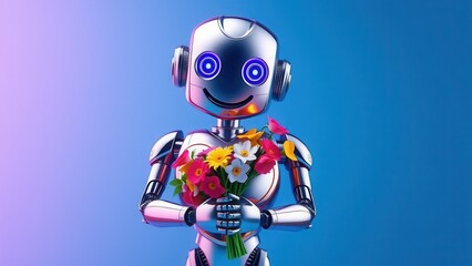 A robot with a heart-shaped body and a smiling face holding a bouquet of flowers, heart, bouquet