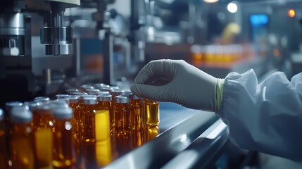 Gloved hand carefully places amber vials onto a production line. Pharmaceutical manufacturing.