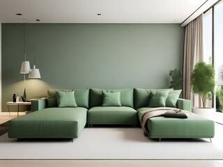 Fototapeta premium This image showcases a modern, minimalist living room with a clean and elegant design. The layout features a large, green sectional sofa adorned with matching green cushions