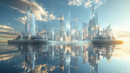 Obraz premium Futuristic city skyline, glassy structures, vibrant reflections on water, surreal and clean aesthetics 