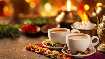 Fototapeta premium Warm and Inviting Coffee Cups with Spices and Bokeh Background Indian food cuisine