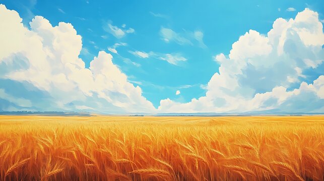 Golden wheat field under a vibrant blue sky with fluffy white clouds. Serene and picturesque landscape.