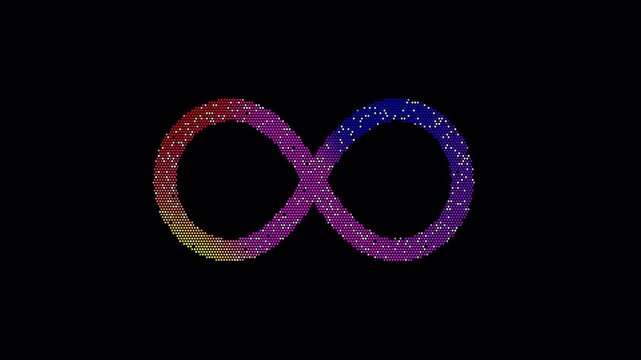 Icon infinity is made up of LED square shapes that shimmer and flicker. There are black dead diodes. In-Out looped. Alpha BW at the end