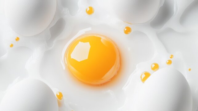 A cracked open egg with a bright yellow yolk surrounded by intact white eggs on a white surface, suggestive of cooking or baking.