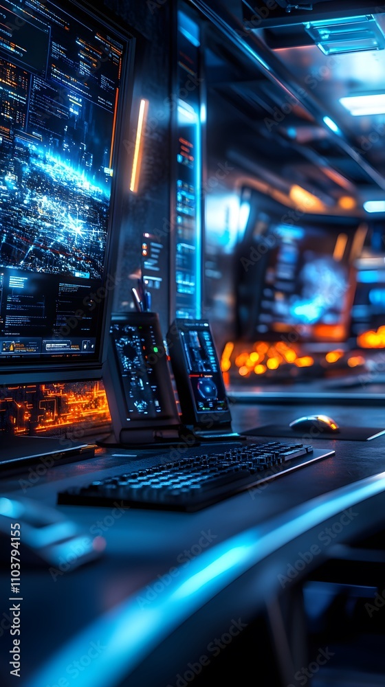 Poster a futuristic control room with multiple screens displaying data and graphics.