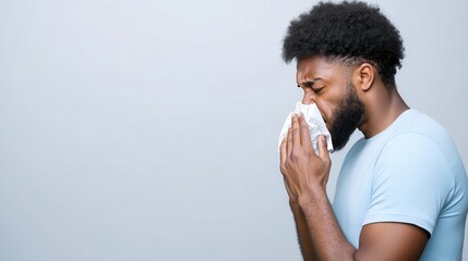 A young man with curly hair experiences discomfort while sneezing into a tissue, highlighting health challenges and the impact of allergies or colds on everyday life