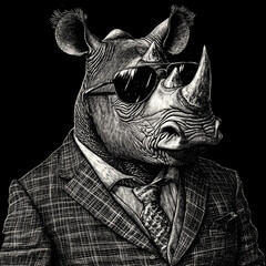 Obraz premium A rhino in a sharp suit and aviator sunglasses, combining rugged wildlife with sophisticated fashion. The engraving in scratchboard-style captures the detailed textures of the rhino's skin and the