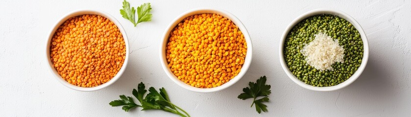 Colorful Lentils and Grains in White Bowls on Bright Background Indian food cuisine