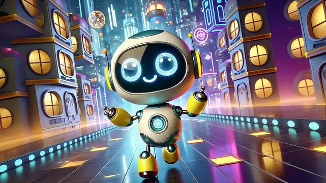 A cute cartoon character metal robot walking against a colourful background
